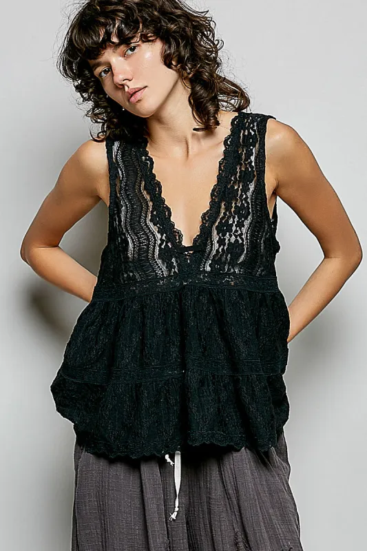 POL Deep V-Neck Scalloped Lace Sleeveless Top sold by Charming Charlie