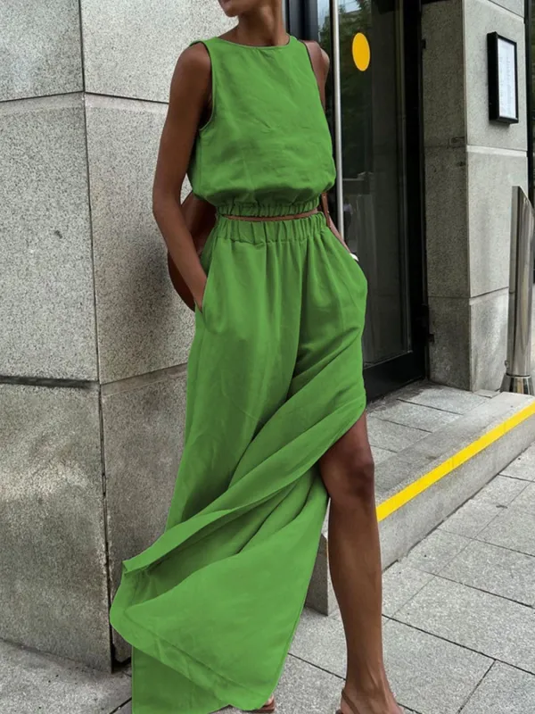 Sleeveless Crop Top and Slit Pants Set made by Trendsi