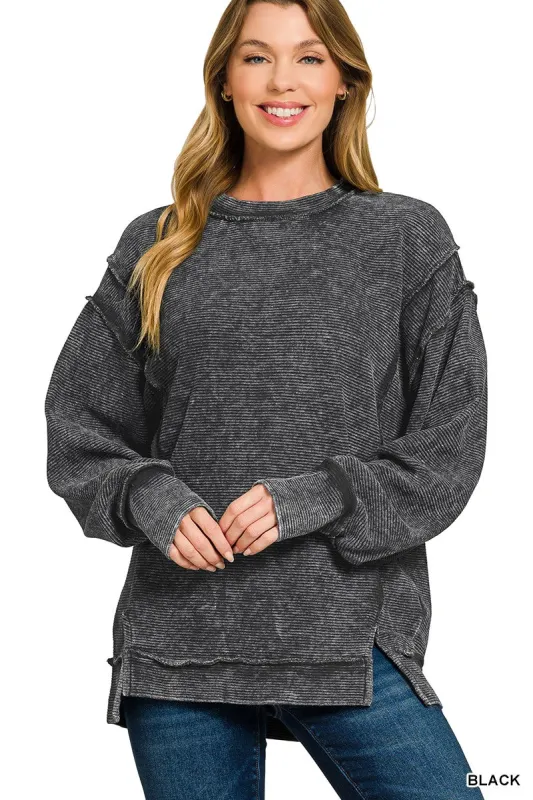 Zenana Acid Washed Double Ribbed Exposed-Seam Sweatshirt sold by Charming Charlie