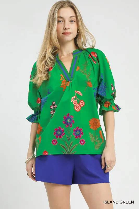 Umgee Floral Split Neck Puff Sleeve Top made by Trendsi