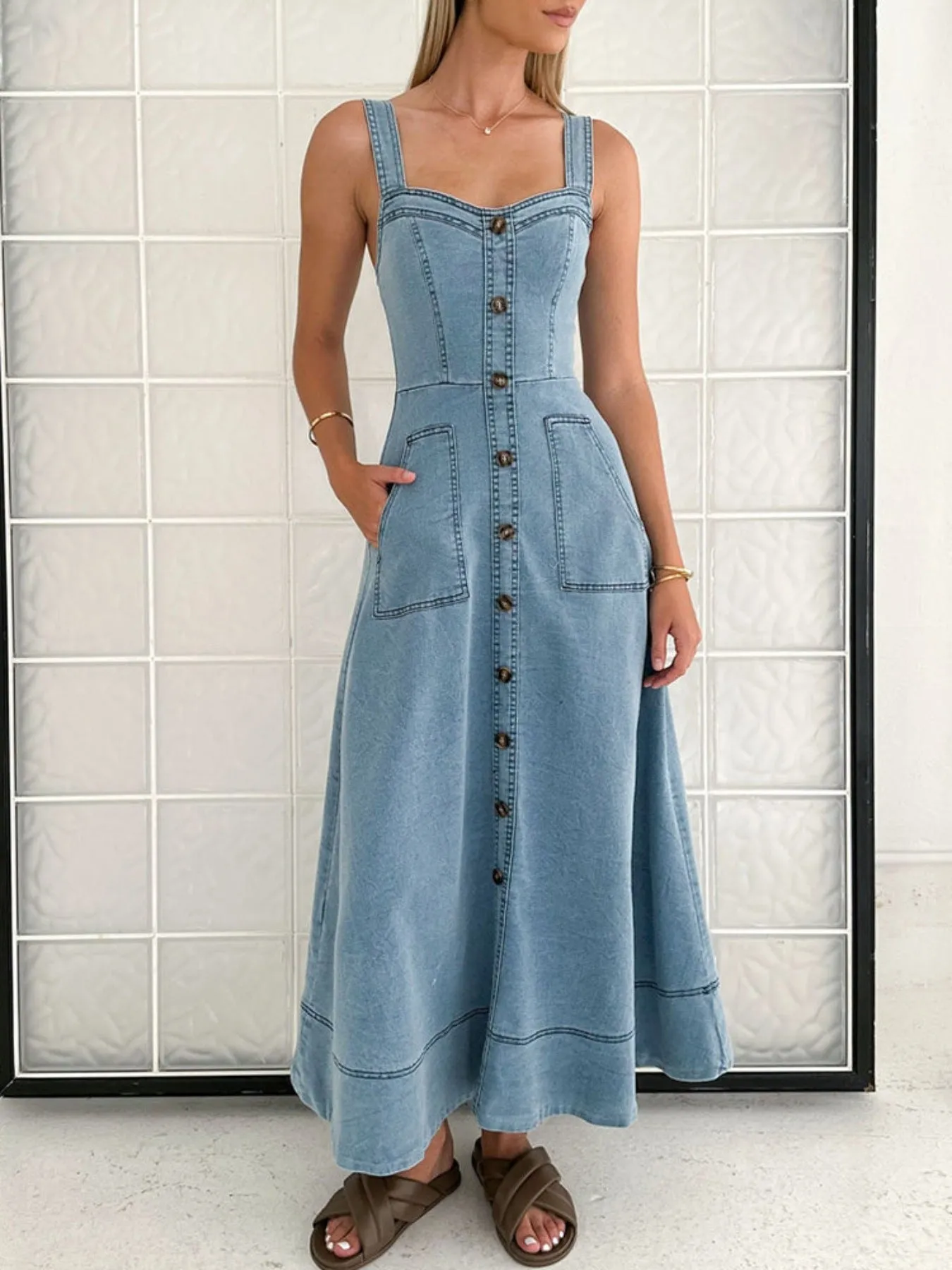 Decor Button Front A-Line Denim Dress sold by Charming Charlie product image thumbnail 3