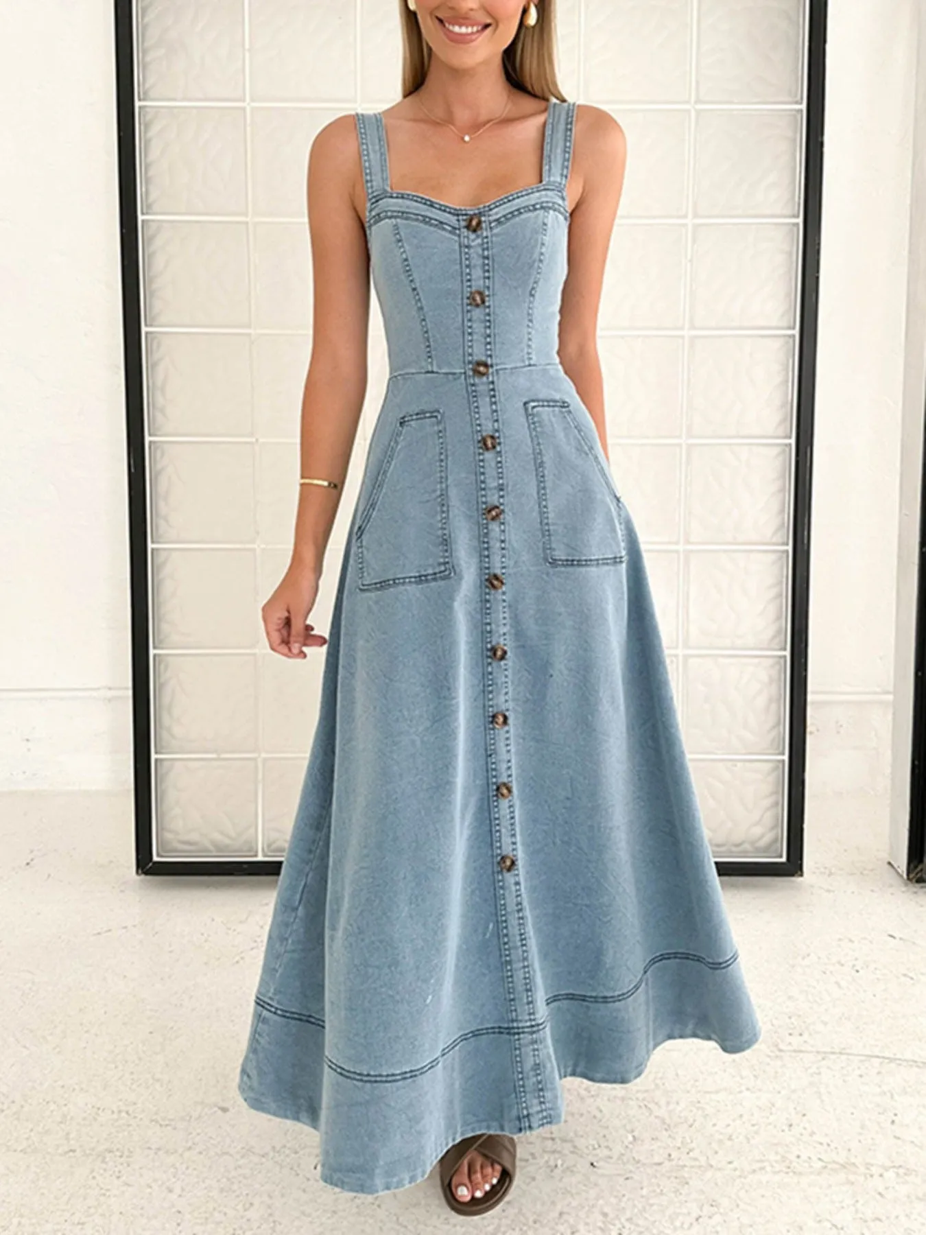 Decor Button Front A-Line Denim Dress sold by Charming Charlie