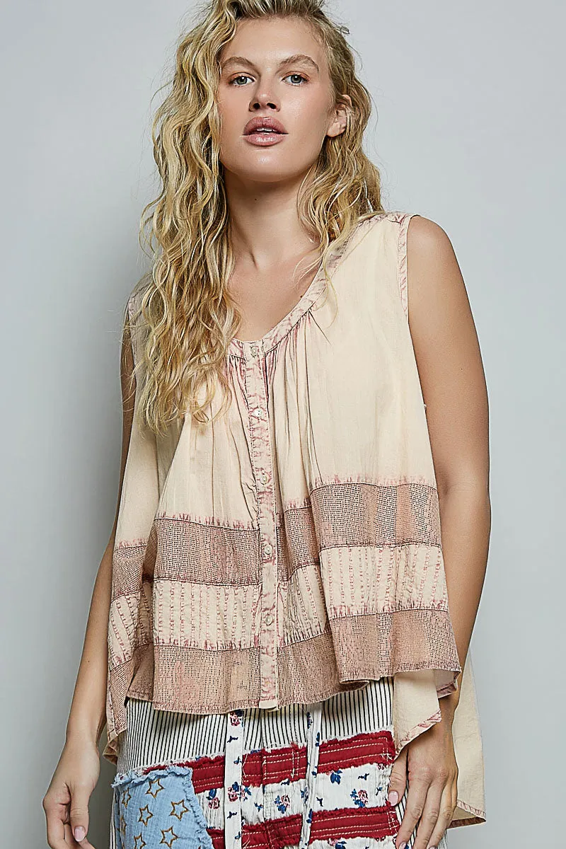 POL Button Down Round Neck Tank with Crochet Contrast sold by Charming Charlie