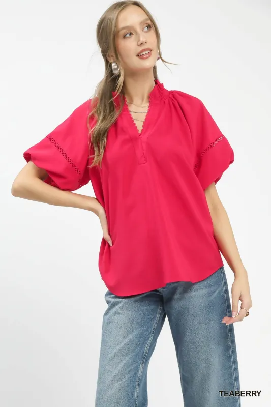 Umgee Lace Trim Peasant Top made by Trendsi