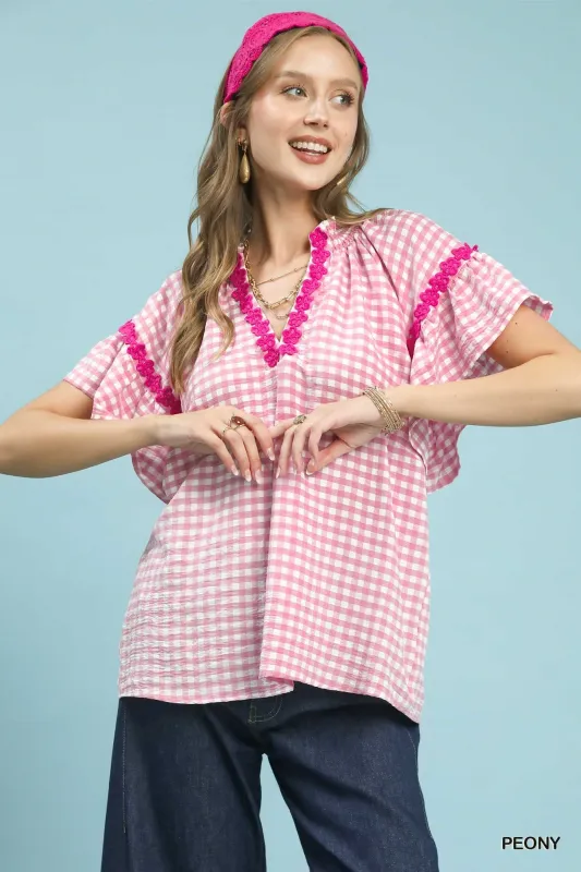 Umgee Gingham Lace Trim Top made by Trendsi