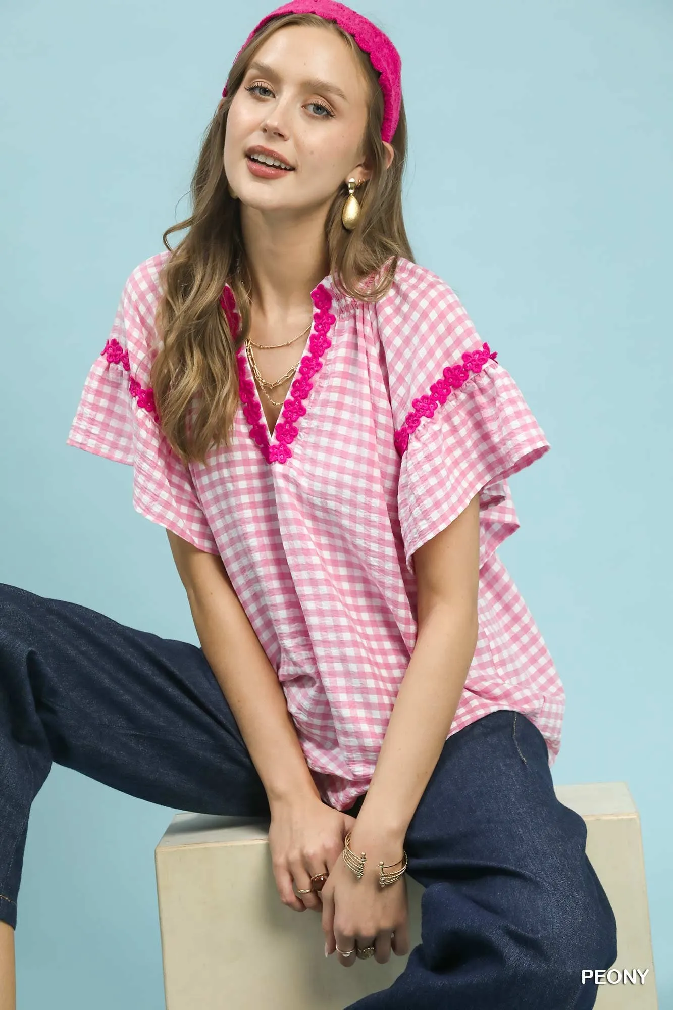 Umgee Gingham Lace Trim Top sold by Charming Charlie product image thumbnail 2