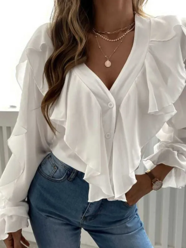 Full Size Ruffle Trim V-Neck Shirt Plus Size sold by Charming Charlie