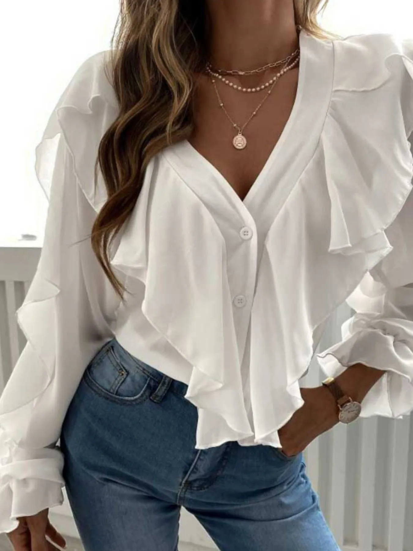 Full Size Ruffle Trim V-Neck Shirt Plus Size sold by Charming Charlie