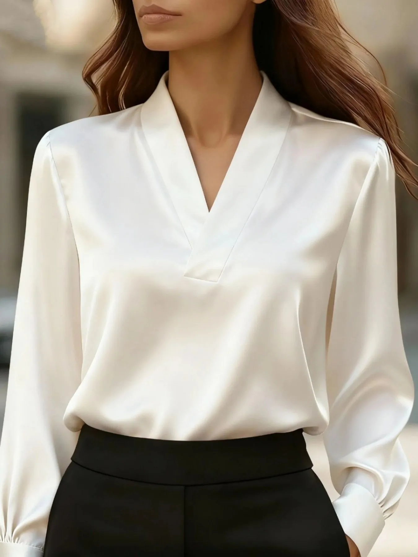 V-Neck Long Sleeve Satin Blouse sold by Charming Charlie product image thumbnail 5