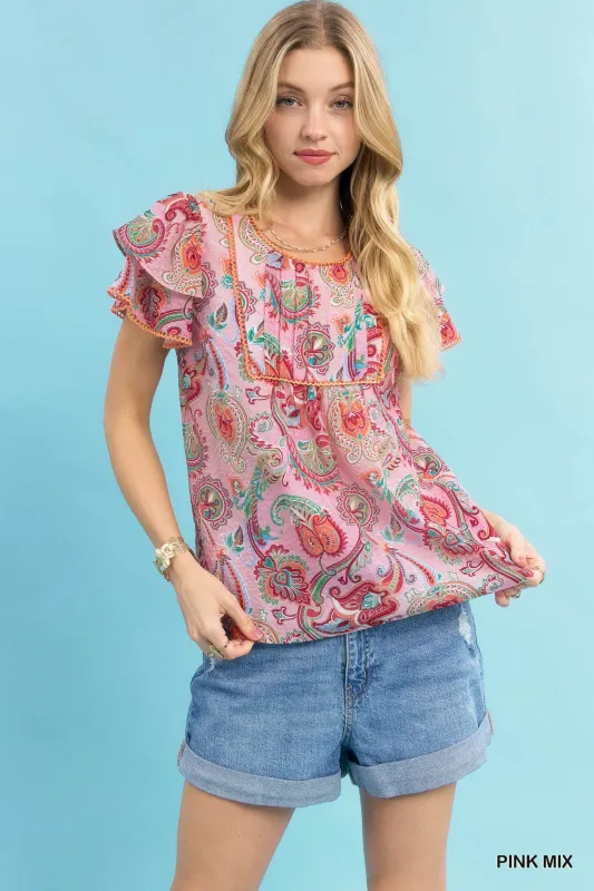 Umgee Mix Paisley Ruffle Sleeve Top made by Trendsi