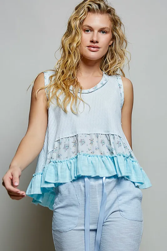 POL Floral Print Patche Round Neck Ribbed Tank with Double Gauze Ruffle Accents sold by Charming Charlie