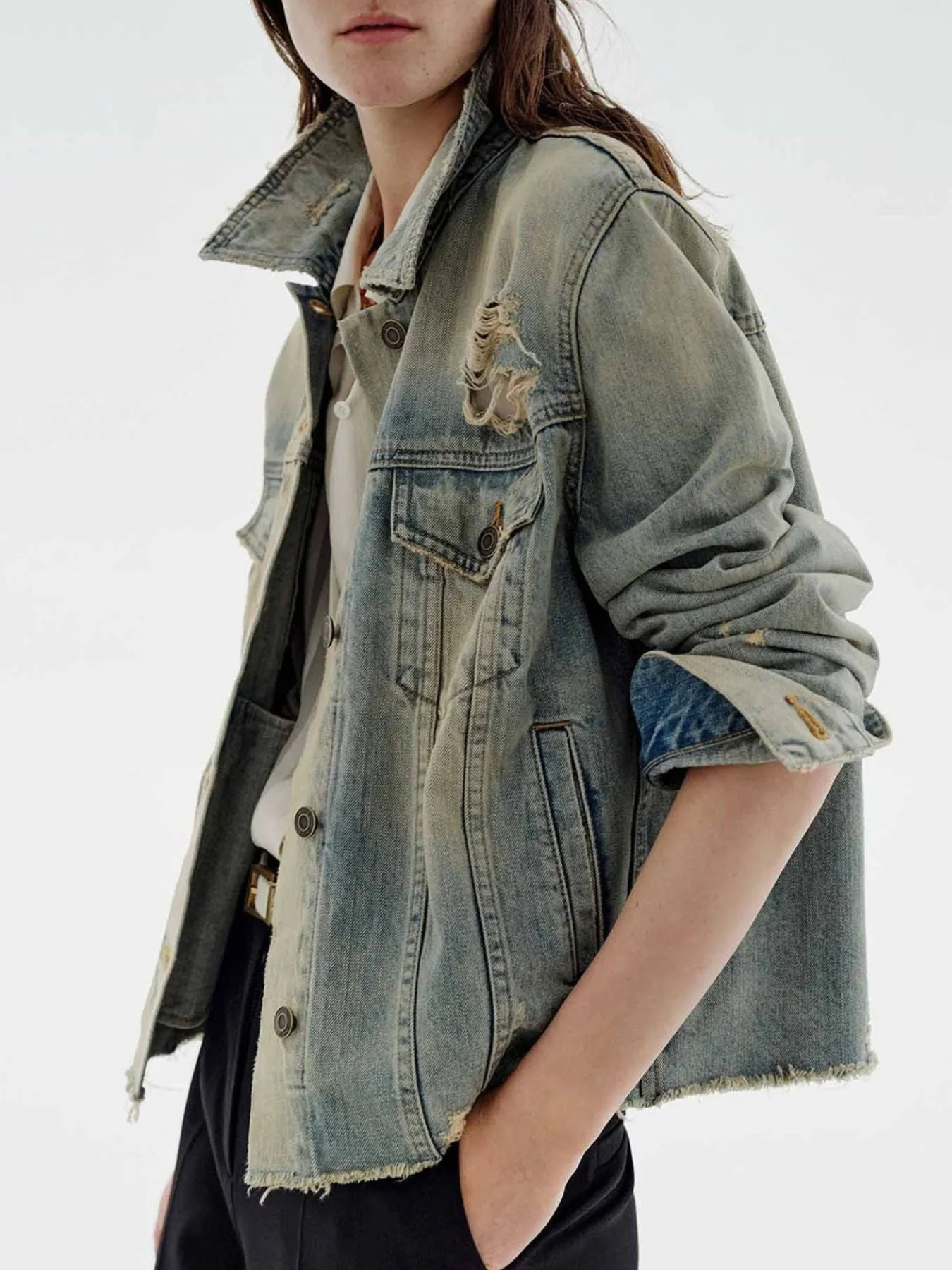Distressed Wash Button Up Denim Jacket sold by Charming Charlie product image thumbnail 3