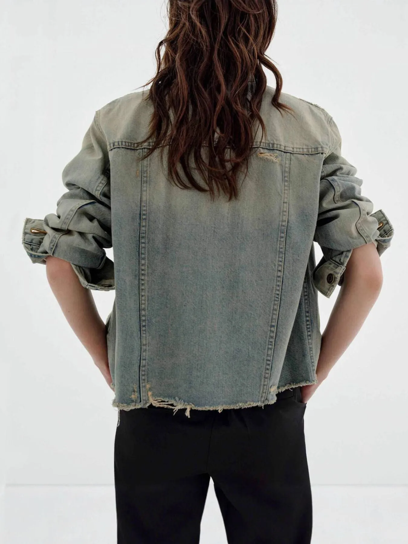 Distressed Wash Button Up Denim Jacket sold by Charming Charlie product image thumbnail 4