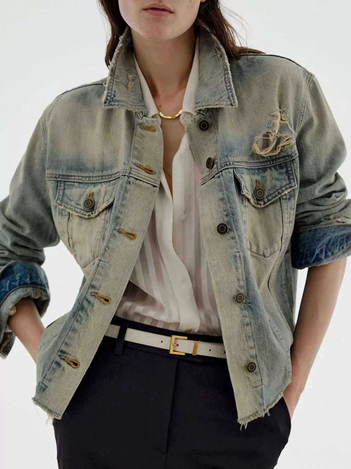 Distressed Wash Button Up Denim Jacket sold by Charming Charlie