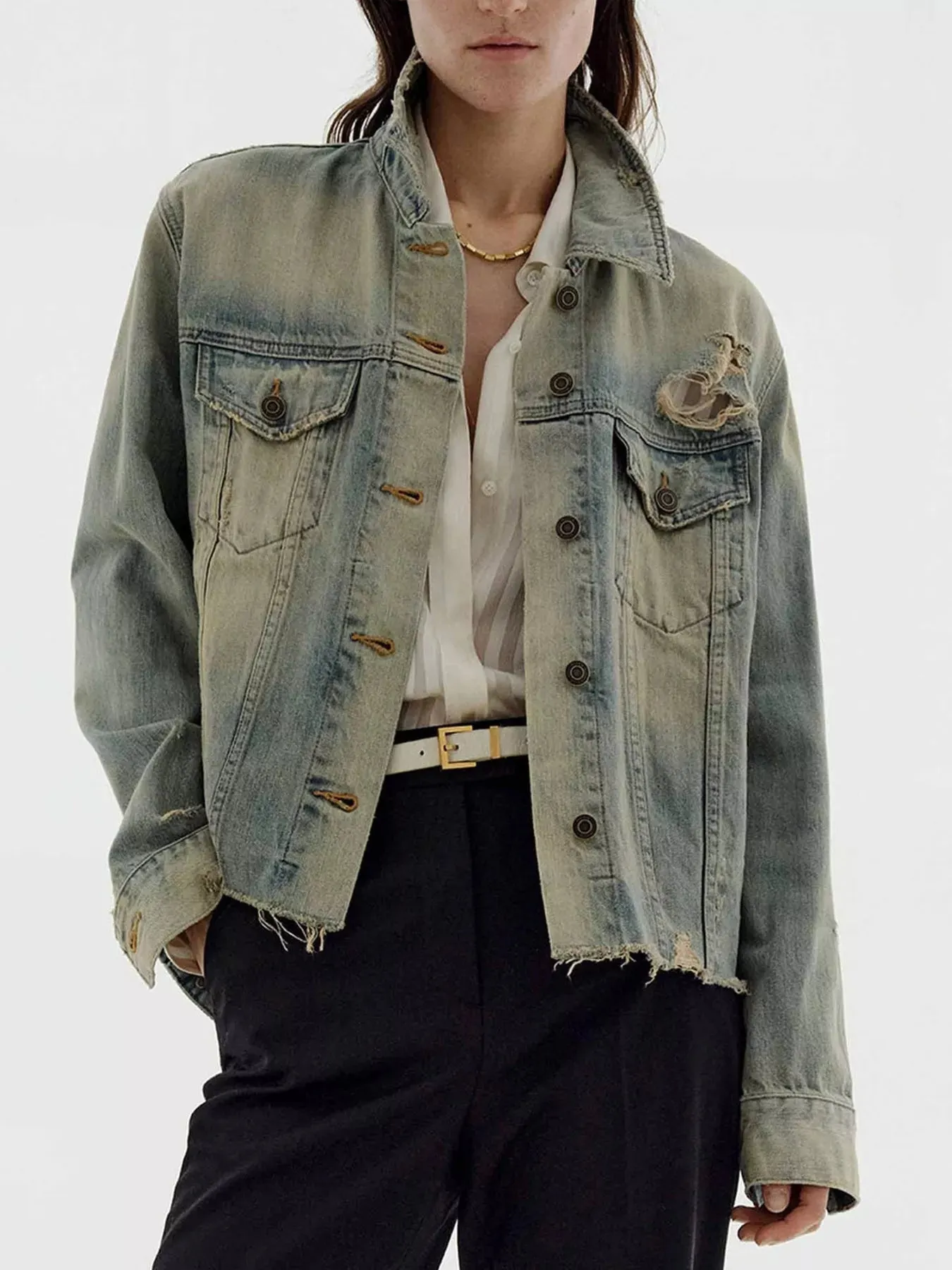Distressed Wash Button Up Denim Jacket sold by Charming Charlie product image thumbnail 2