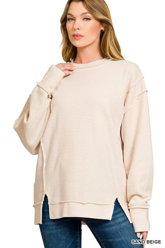 Zenana Acid Washed Double Ribbed Exposed-Seam Sweatshirt sold by Charming Charlie