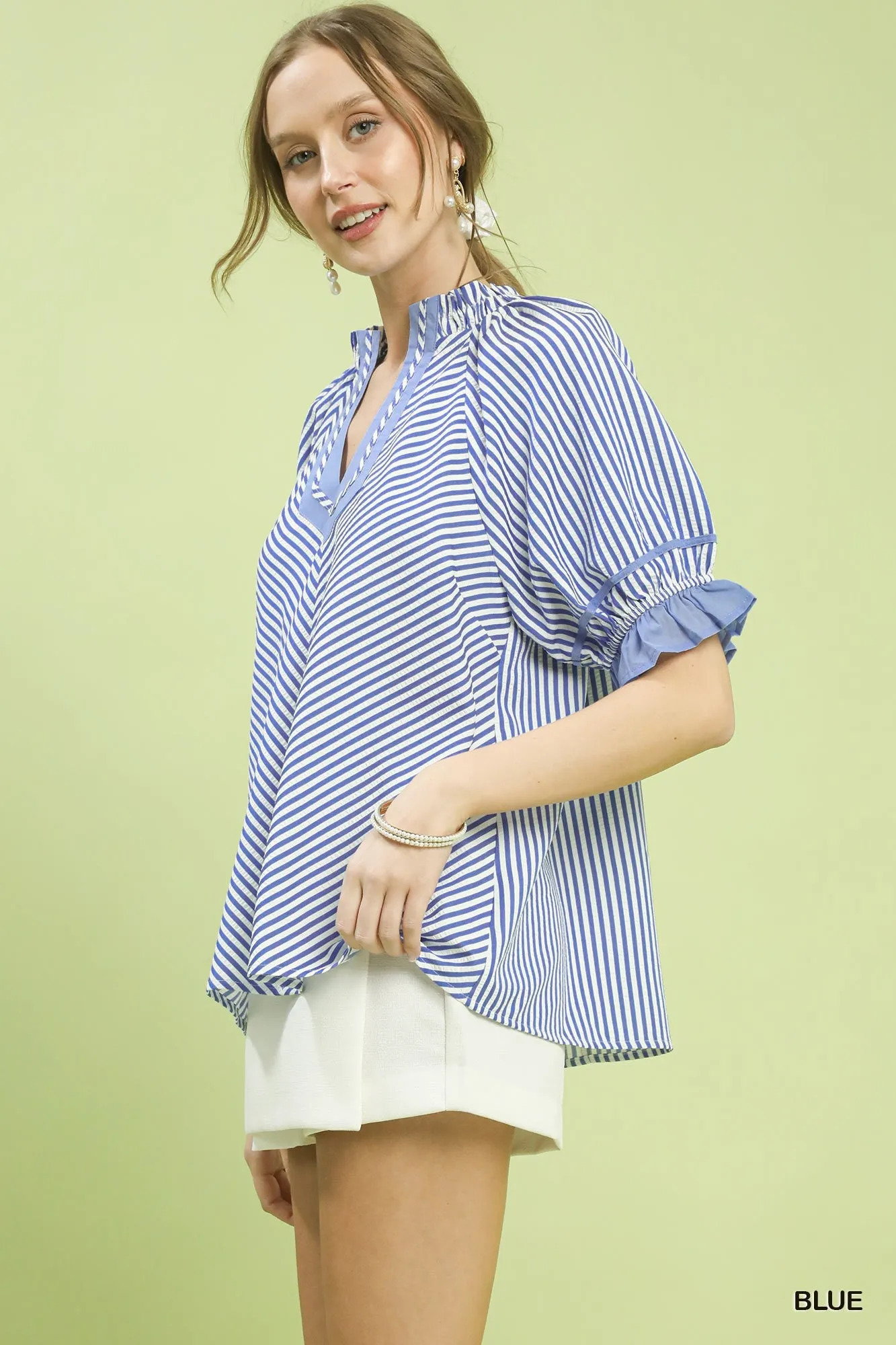 Umgee Stripe Ruffle Sleeve Split-Neck Blouse sold by Charming Charlie product image thumbnail 3
