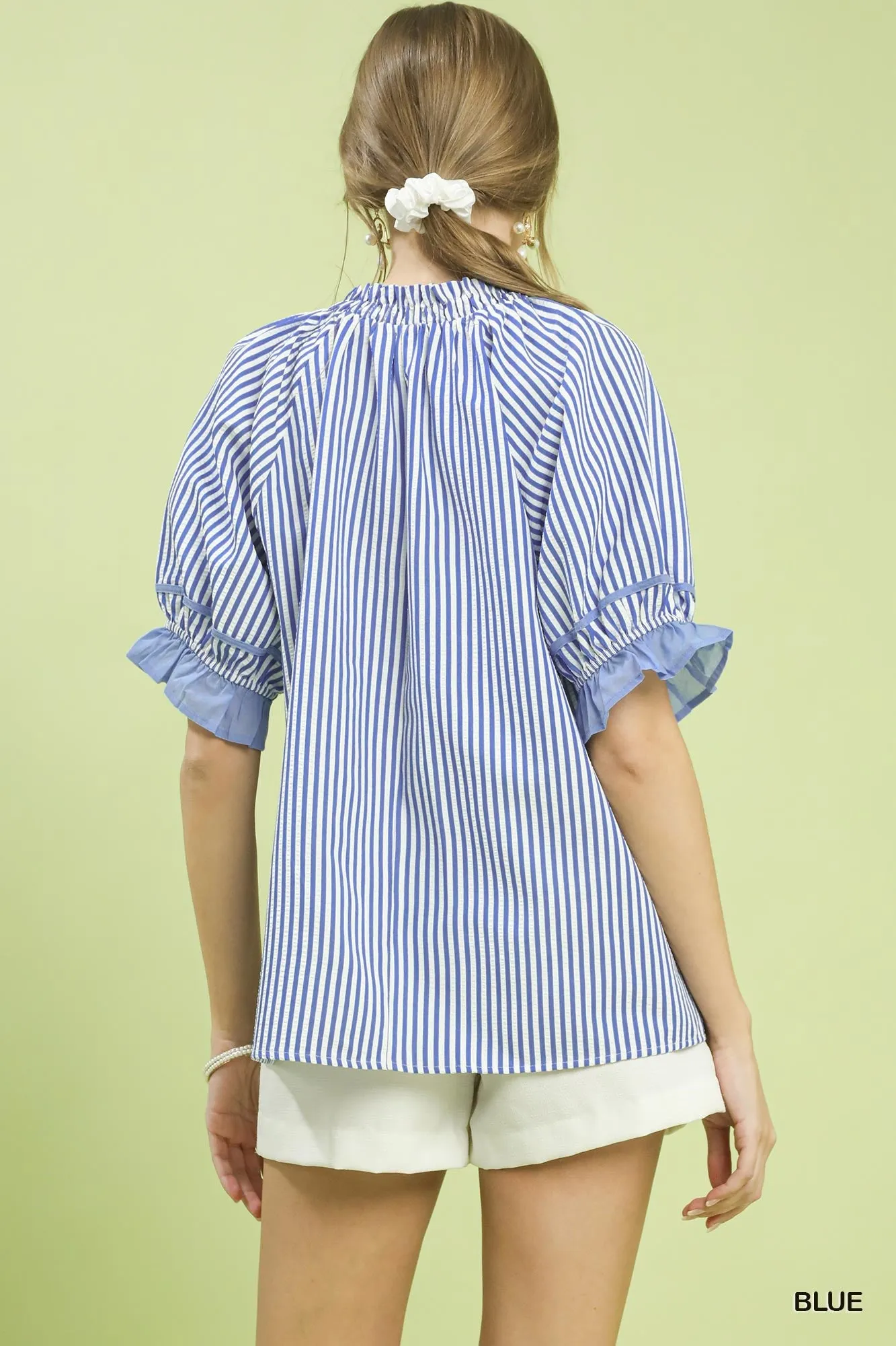 Umgee Stripe Ruffle Sleeve Split-Neck Blouse sold by Charming Charlie product image thumbnail 4