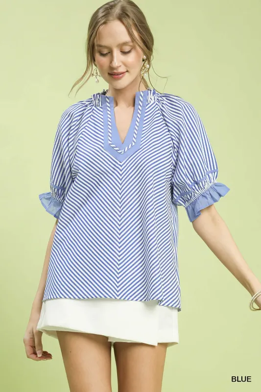 Umgee Stripe Ruffle Sleeve Split-Neck Blouse made by Trendsi