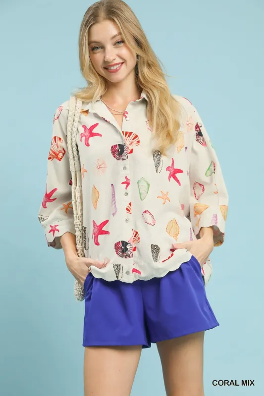 Umgee Seashell & Starfish Print Button-Down Top made by Trendsi