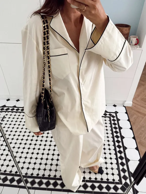 Contrast Trim Button Up Top and Pants Lounge Set made by Trendsi