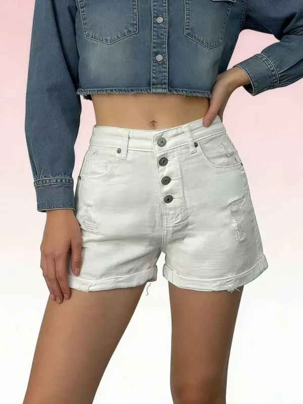High-Waisted Button-Fly Distressed Denim Shorts sold by Charming Charlie