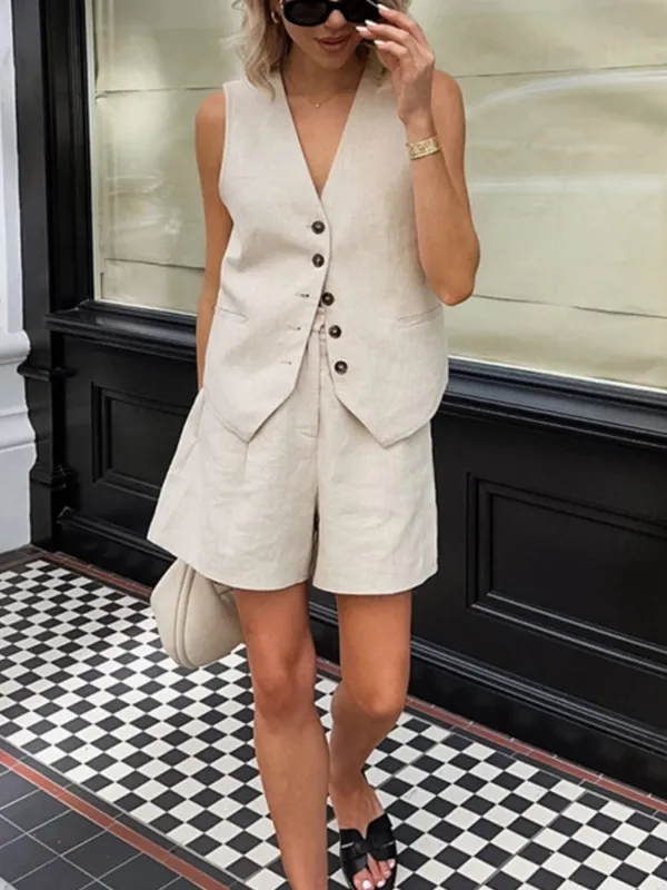 Button Up Vest and Shorts Set made by Trendsi