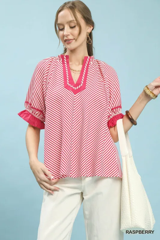 Umgee Stripe Ruffle Sleeve Split-Neck Blouse made by Trendsi