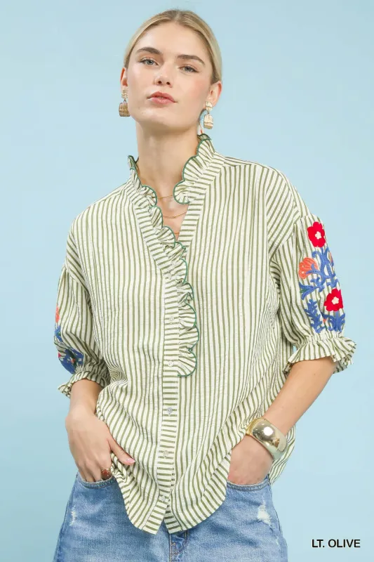 Umgee Embroidered Ruffle Trim Stripe Blouse made by Trendsi
