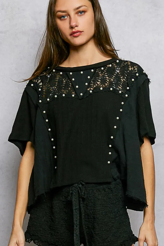 POL Lace Pearl Stud Round Neck Short Sleeve Shirt sold by Charming Charlie