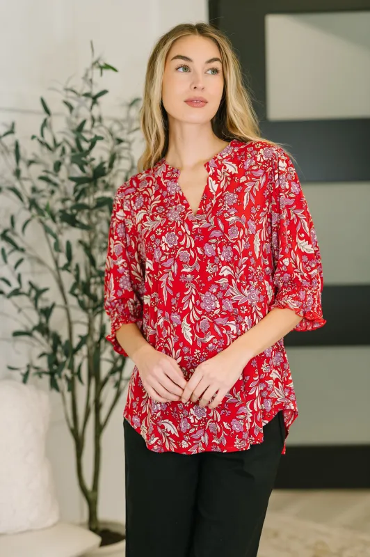 Lizzy Smock Top in Red and Pink Floral made by Charming Charlie