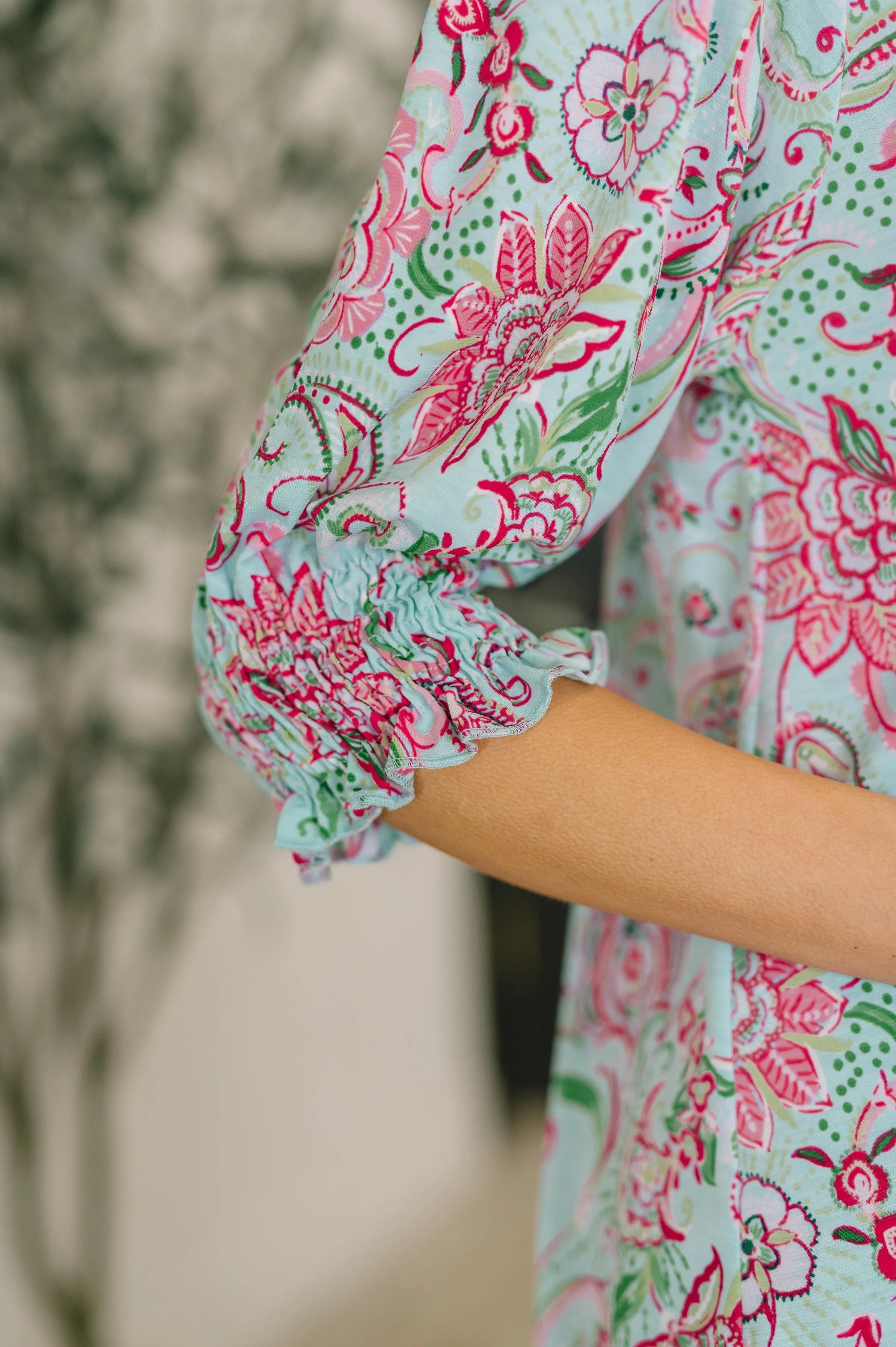Lizzy Smock Top in Mint and Pink Floral Paisley sold by Charming Charlie product image thumbnail 5