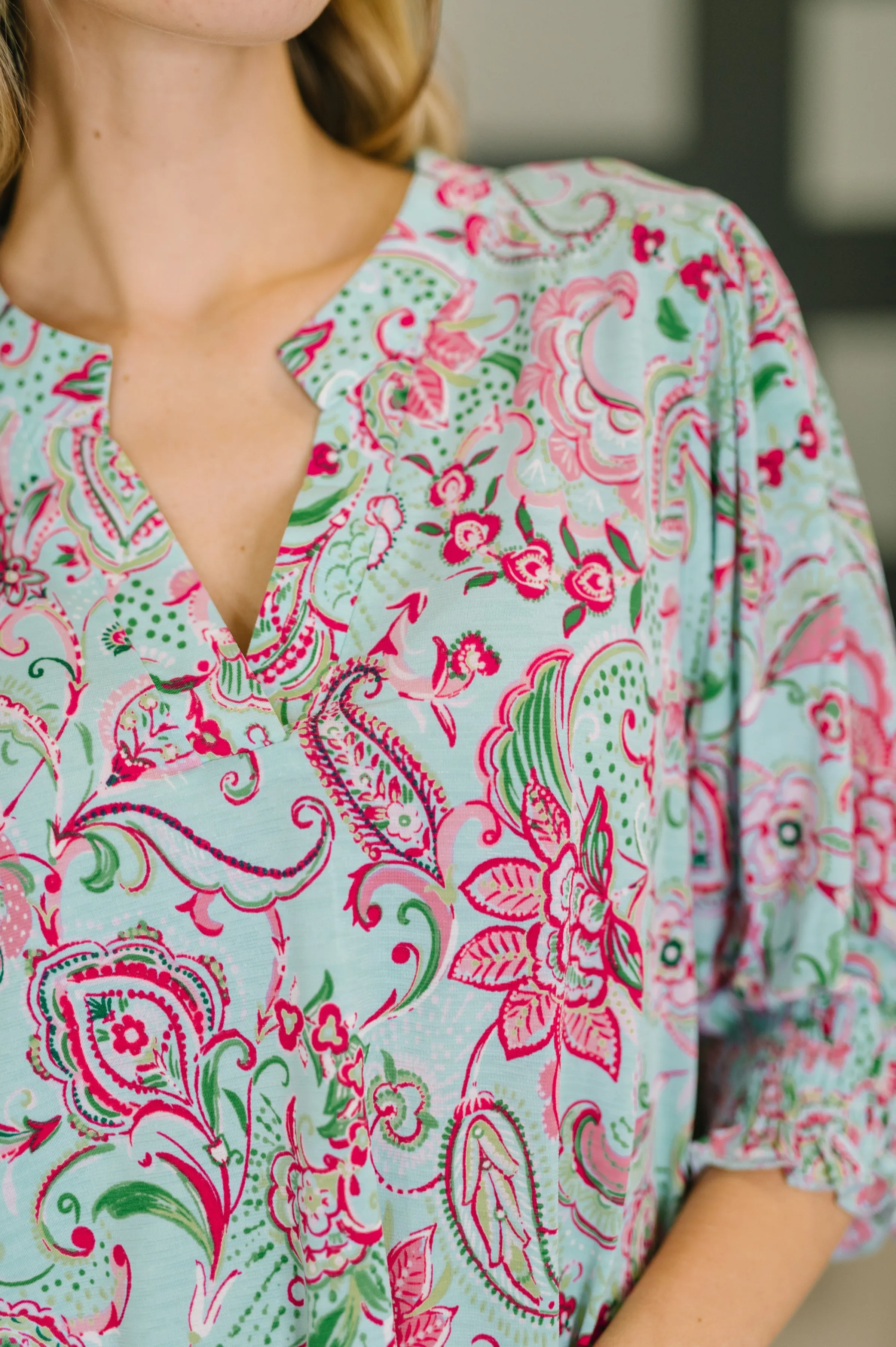 Lizzy Smock Top in Mint and Pink Floral Paisley sold by Charming Charlie product image thumbnail 2