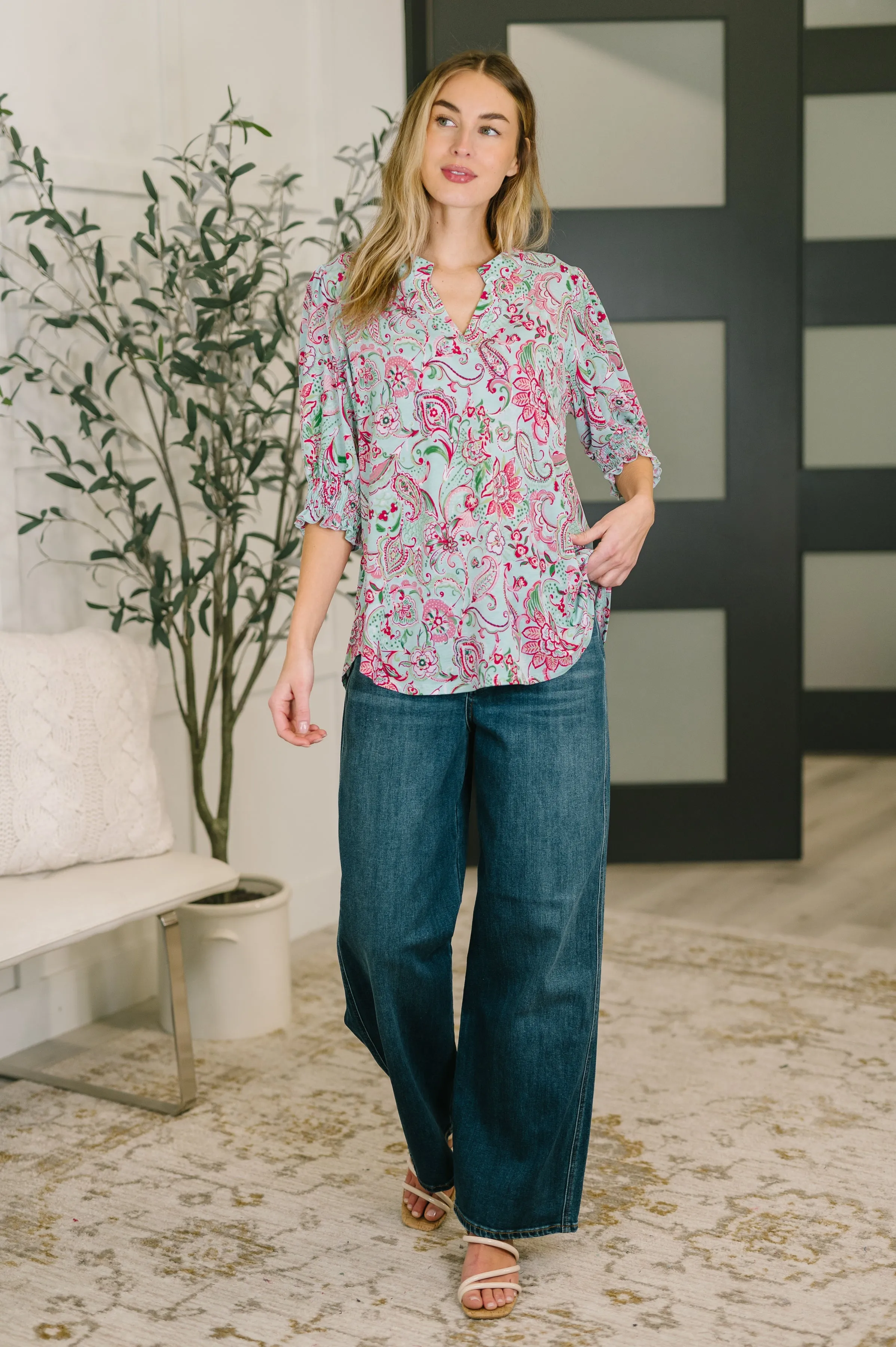 Lizzy Smock Top in Mint and Pink Floral Paisley sold by Charming Charlie product image thumbnail 3