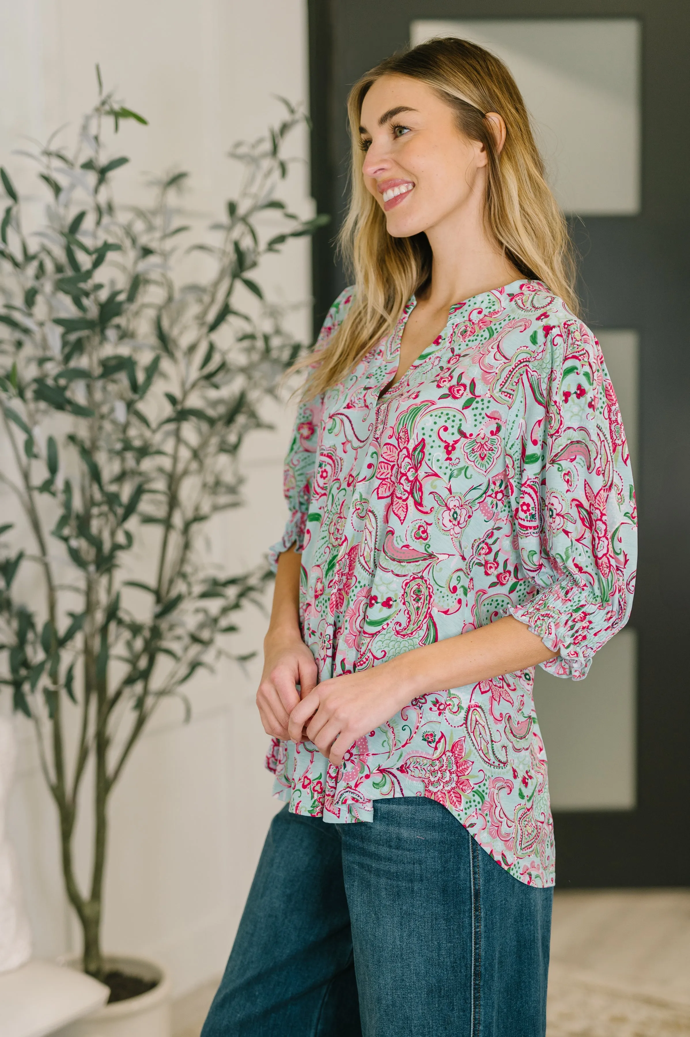 Lizzy Smock Top in Mint and Pink Floral Paisley sold by Charming Charlie product image thumbnail 4