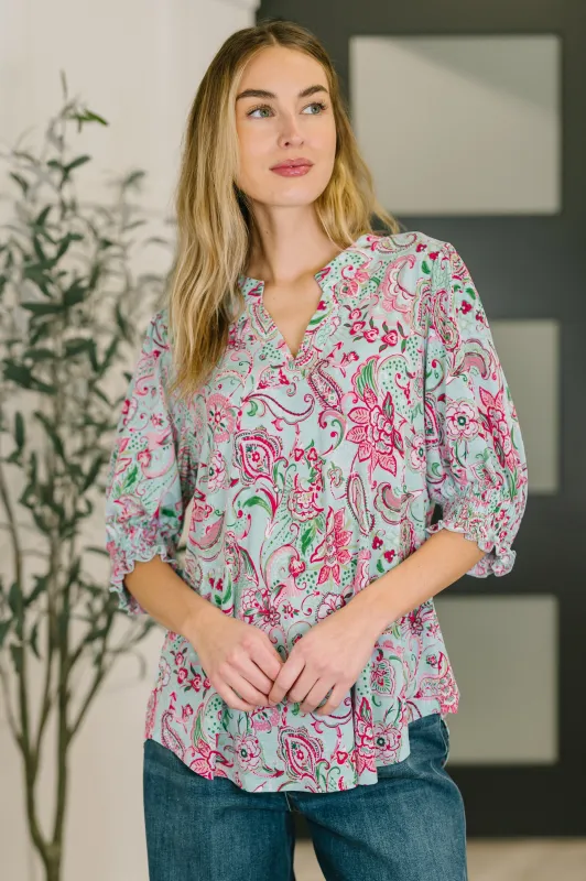 Lizzy Smock Top in Mint and Pink Floral Paisley made by Charming Charlie