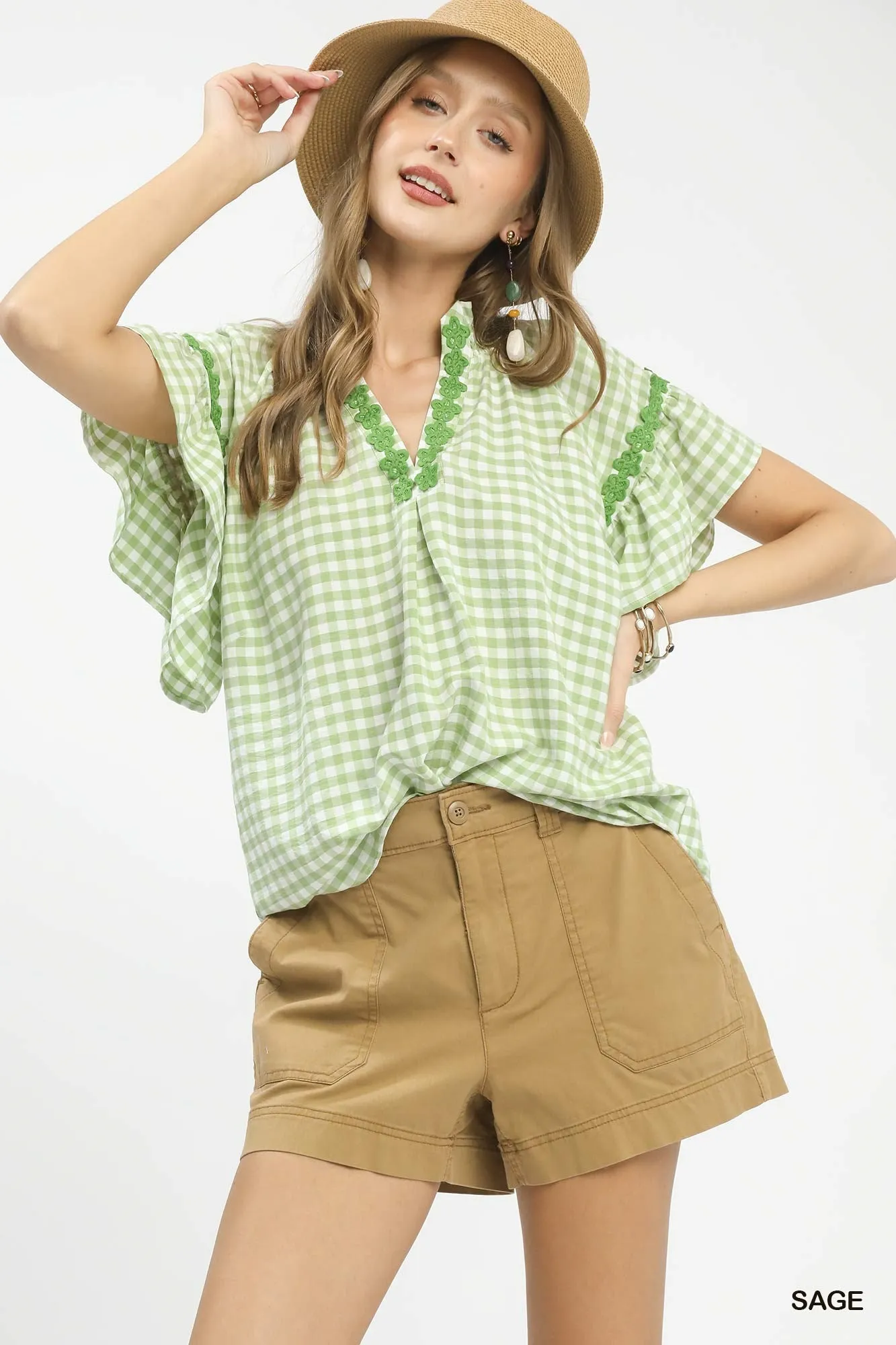 Umgee Gingham Lace Trim Top sold by Charming Charlie
