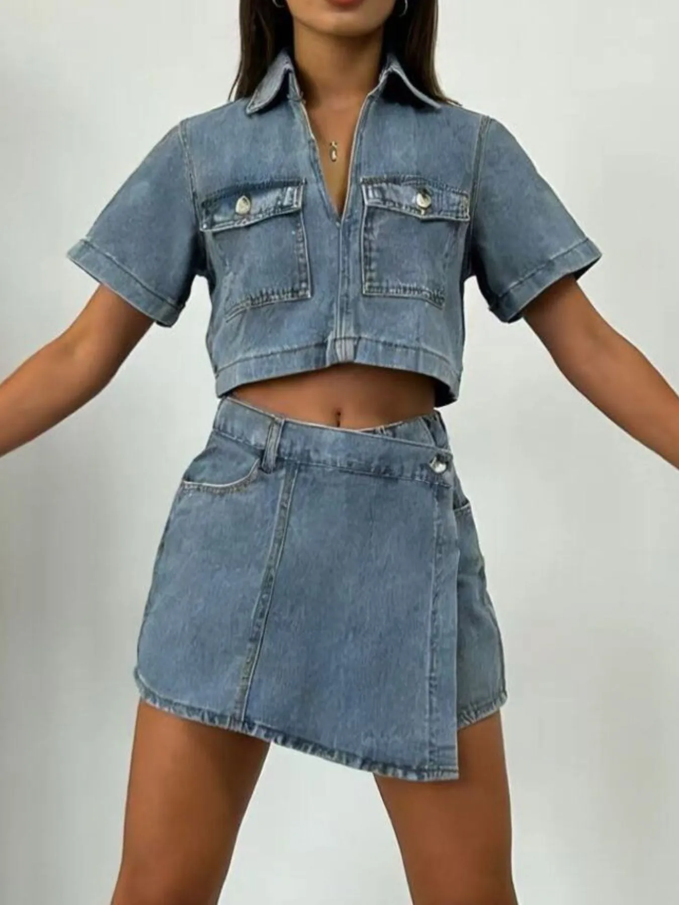 Short Sleeve Cropped Top and Skort Denim Set sold by Charming Charlie product image thumbnail 3
