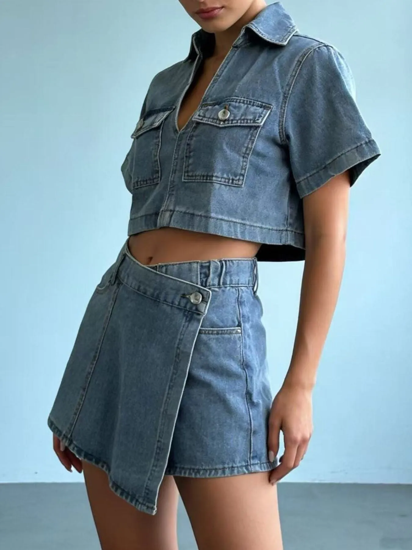 Short Sleeve Cropped Top and Skort Denim Set sold by Charming Charlie product image thumbnail 4