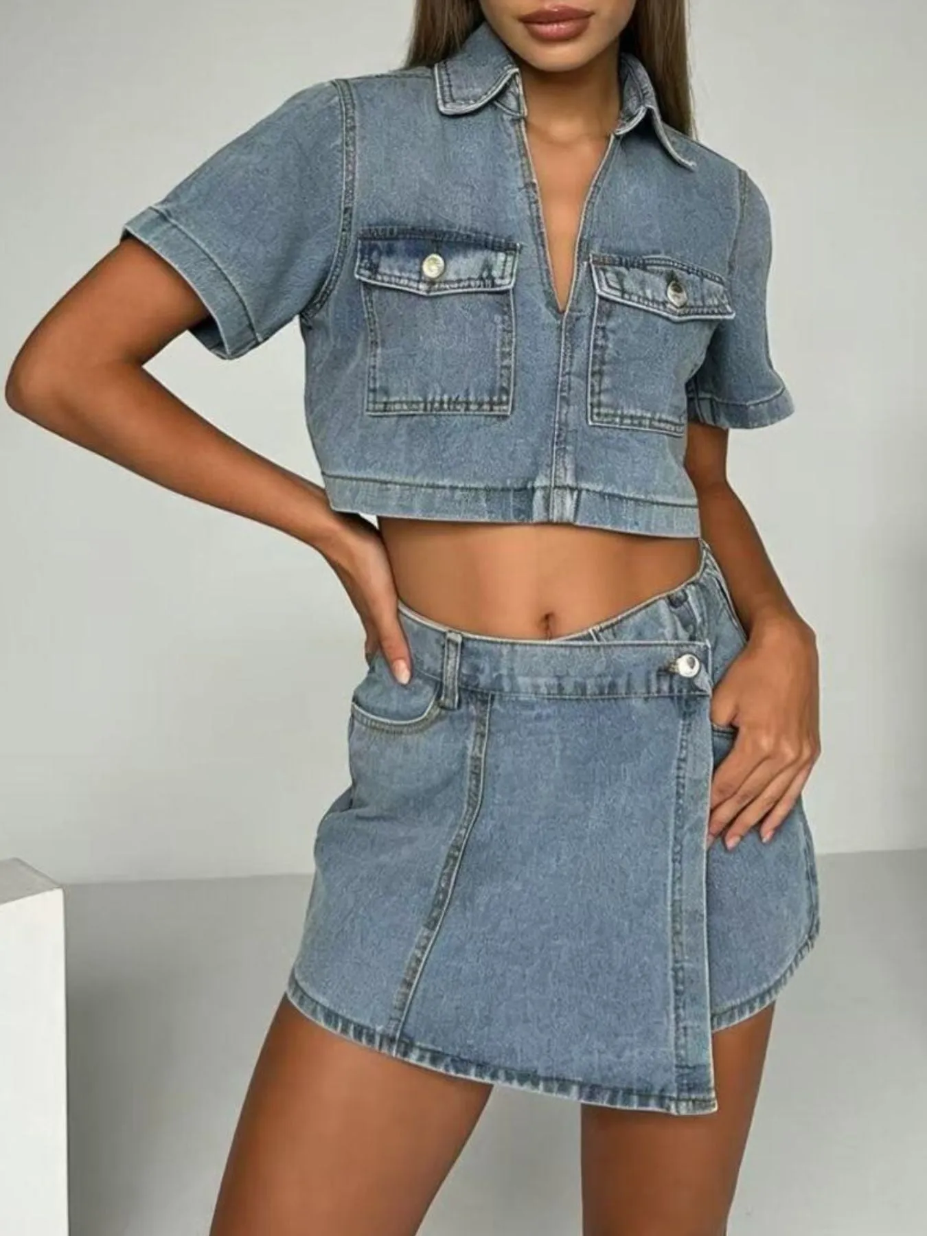 Short Sleeve Cropped Top and Skort Denim Set sold by Charming Charlie