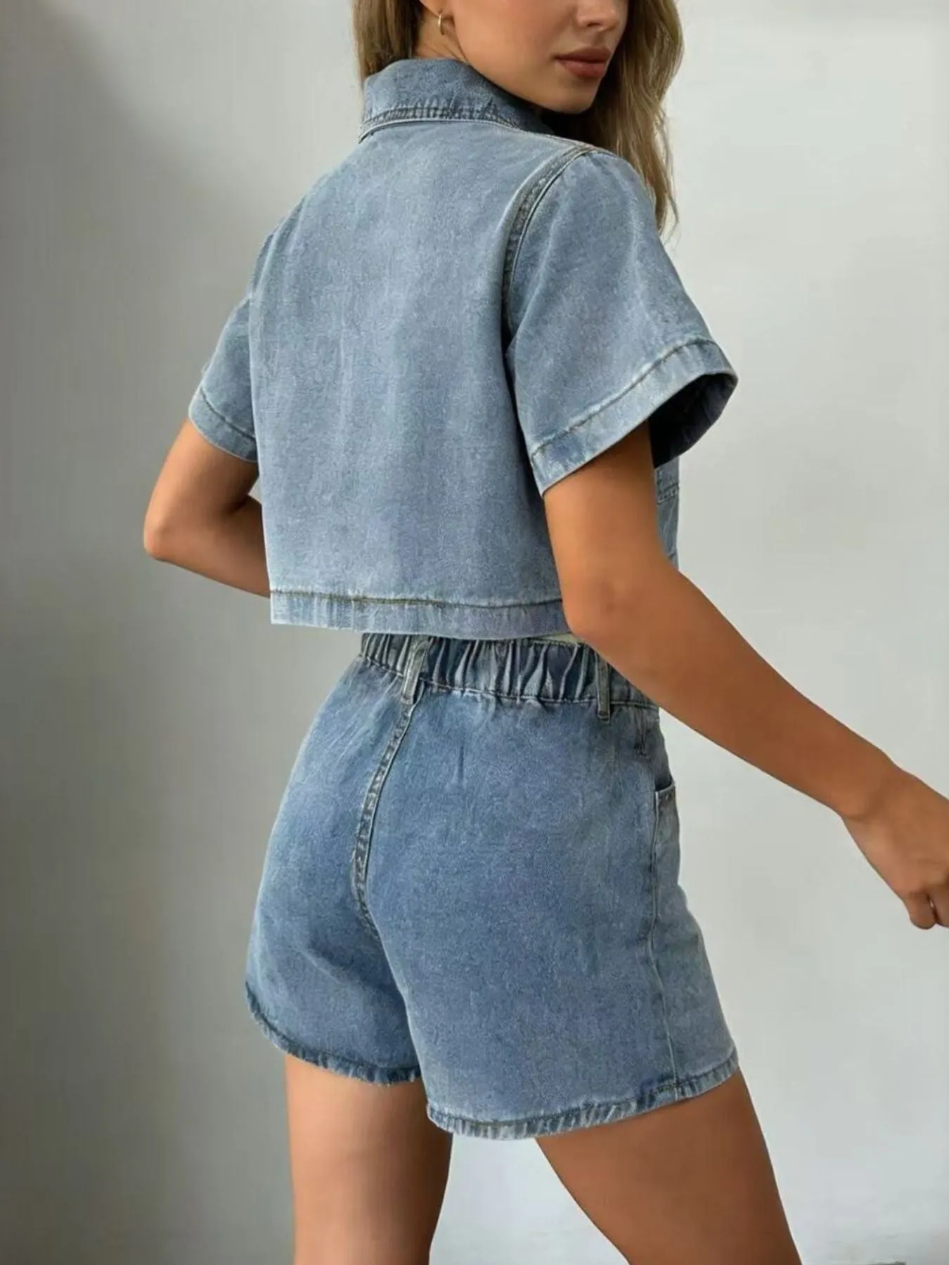 Short Sleeve Cropped Top and Skort Denim Set sold by Charming Charlie product image thumbnail 5