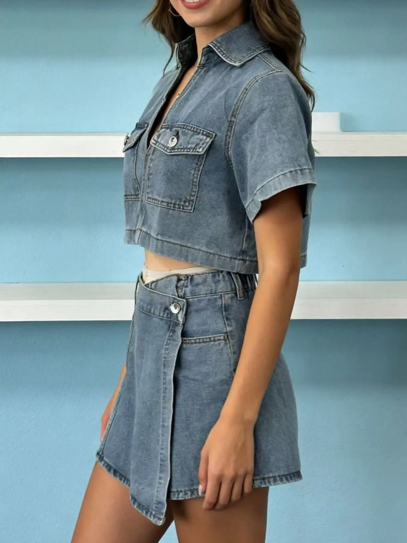 Short Sleeve Cropped Top and Skort Denim Set sold by Charming Charlie product image thumbnail 2