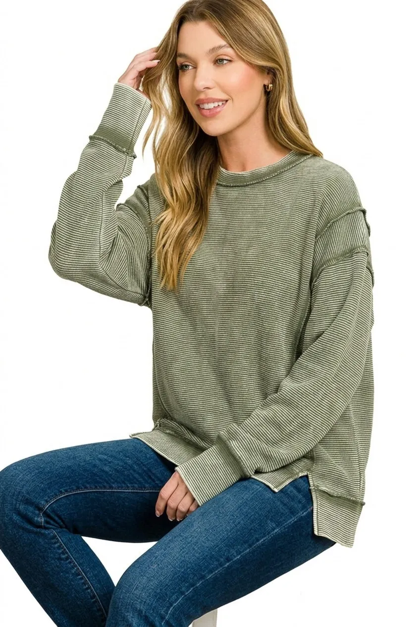 Zenana Acid Washed Double Ribbed Exposed-Seam Sweatshirt sold by Charming Charlie product image thumbnail 3