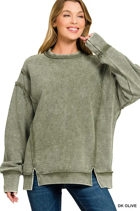 Zenana Acid Washed Double Ribbed Exposed-Seam Sweatshirt sold by Charming Charlie