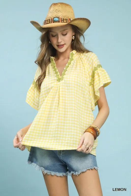 Umgee Gingham Lace Trim Top made by Trendsi