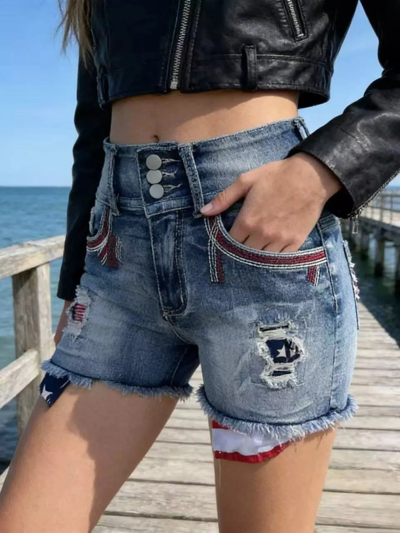 American Flag Distressed Denim Shorts sold by Charming Charlie product image thumbnail 2
