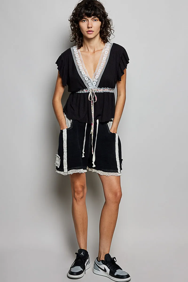 POL Tied Ruffled V-Neck Short Sleeve Blouse with Lace Detail sold by Charming Charlie product image thumbnail 5