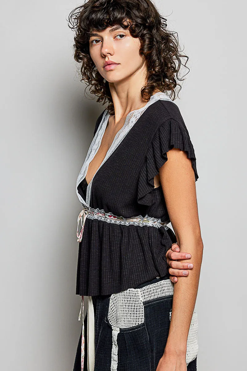 POL Tied Ruffled V-Neck Short Sleeve Blouse with Lace Detail sold by Charming Charlie product image thumbnail 3