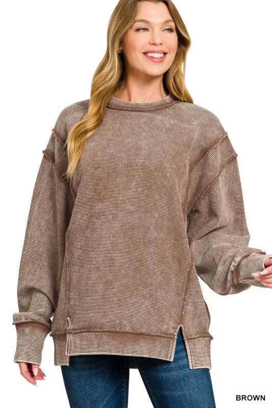 Zenana Acid Washed Double Ribbed Exposed-Seam Sweatshirt sold by Charming Charlie