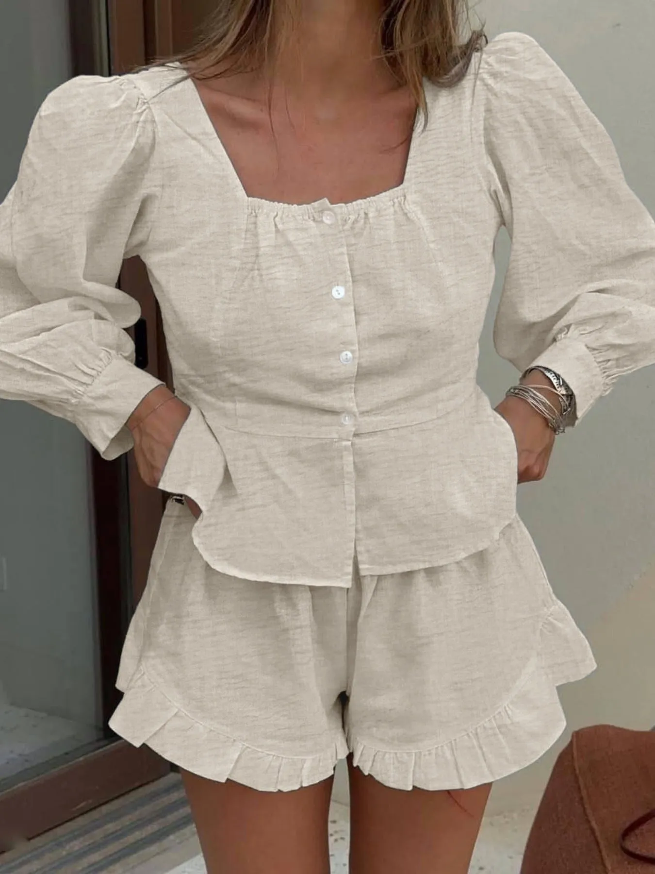 Button Front Lantern Sleeve Top and Shorts Set sold by Charming Charlie product image thumbnail 4
